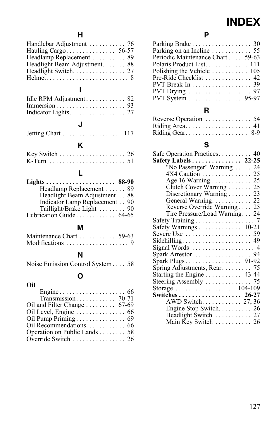 Index | Polaris Scrambler 9921777 User Manual | Page 130 / 131