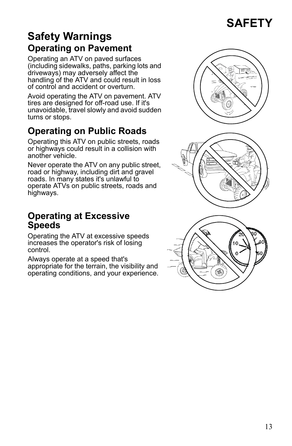 Safety, Safety warnings, Operating on pavement | Operating on public roads, Operating at excessive speeds | Polaris Scrambler 9921777 User Manual | Page 16 / 131