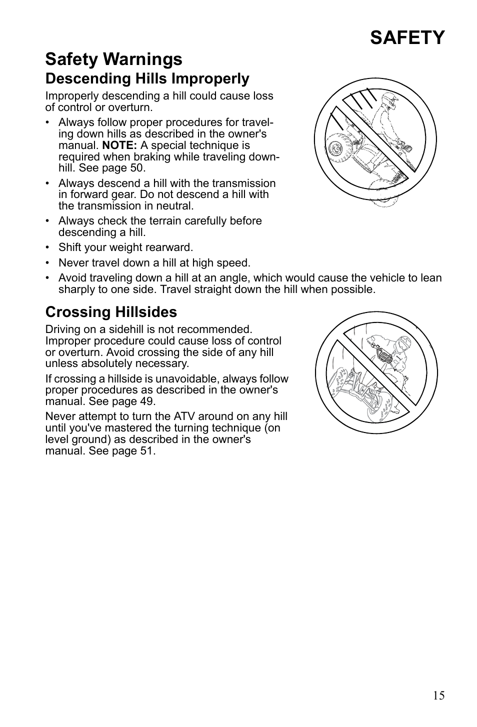 Safety, Safety warnings, Descending hills improperly | Crossing hillsides | Polaris Scrambler 9921777 User Manual | Page 18 / 131