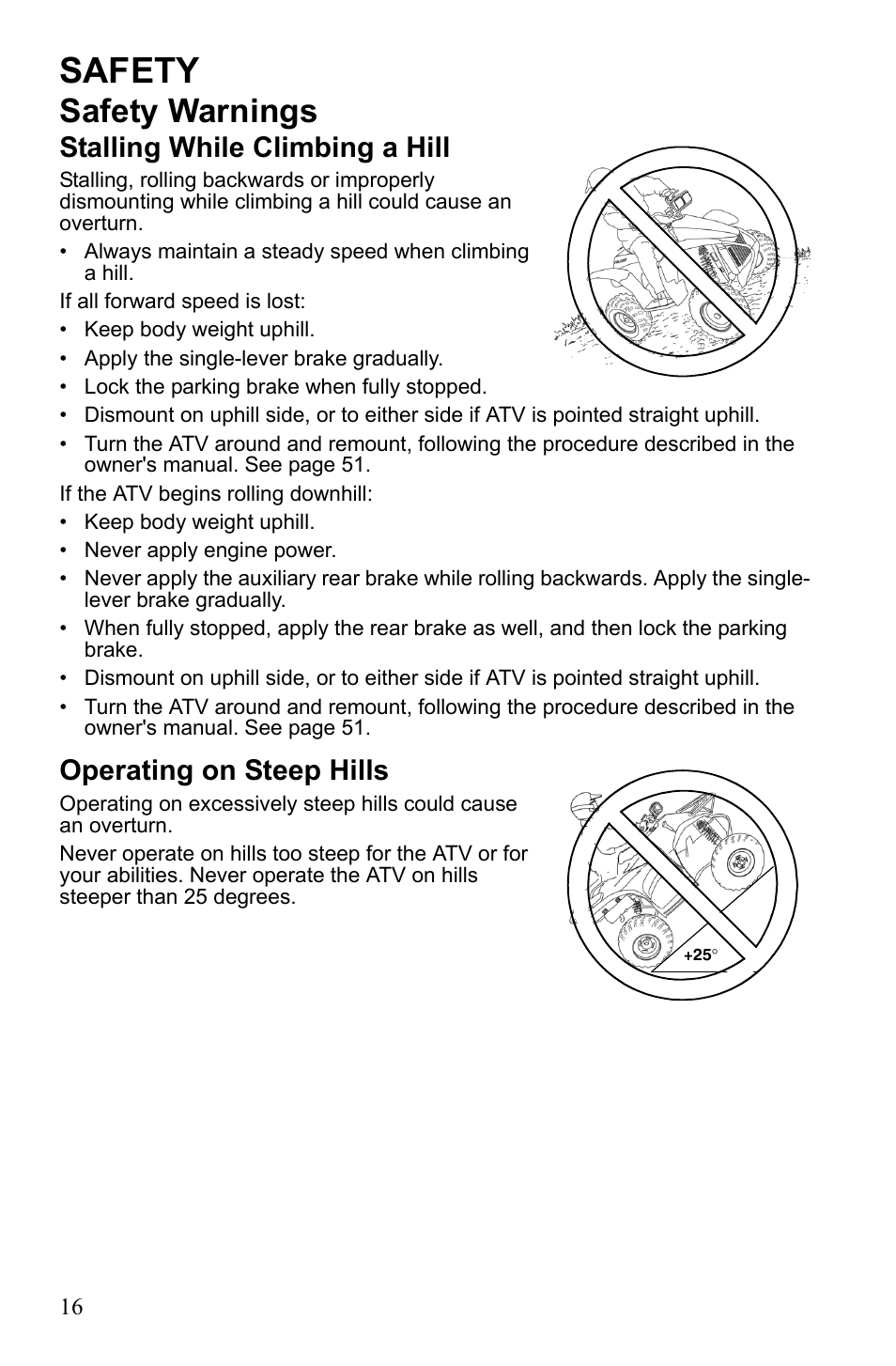 Safety, Safety warnings, Stalling while climbing a hill | Operating on steep hills | Polaris Scrambler 9921777 User Manual | Page 19 / 131