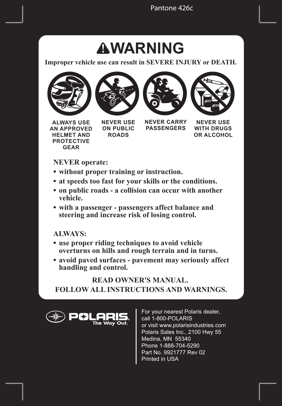 Warning | Polaris Scrambler 9921777 User Manual | Page 2 / 131