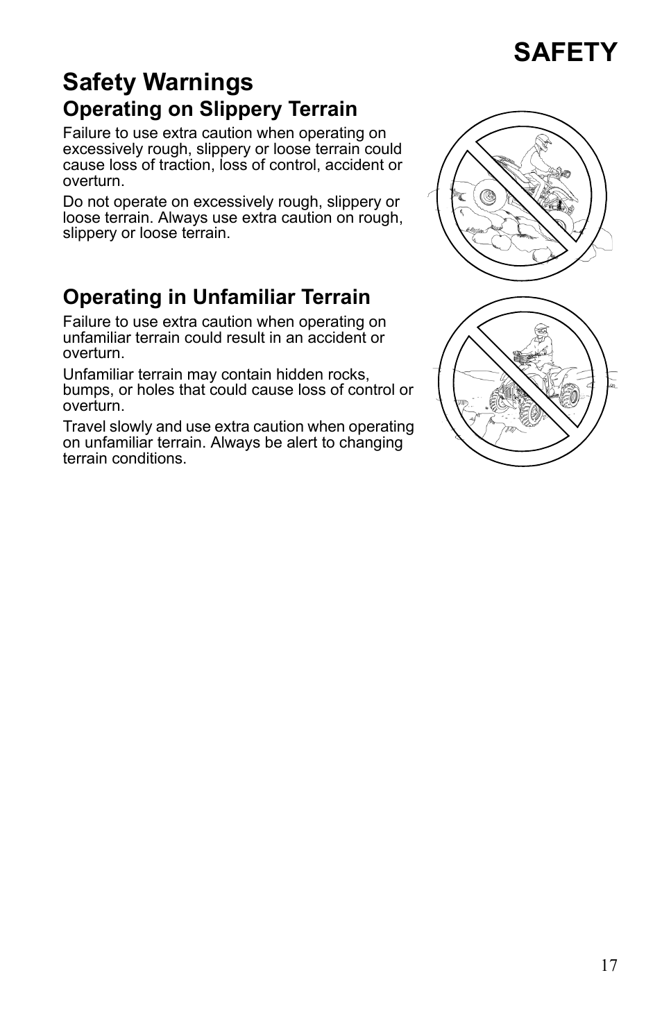 Safety, Safety warnings, Operating on slippery terrain | Operating in unfamiliar terrain | Polaris Scrambler 9921777 User Manual | Page 20 / 131