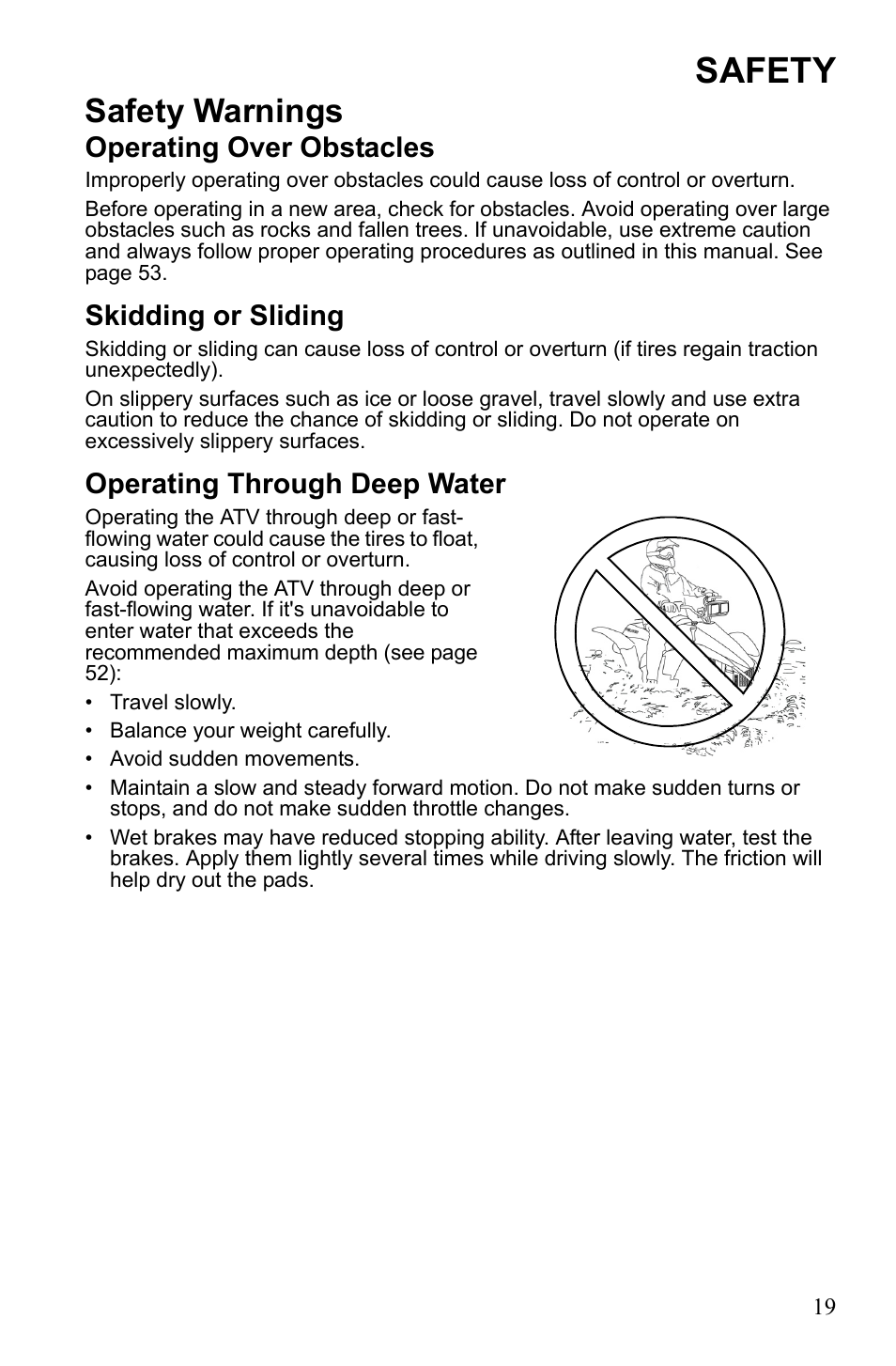 Safety, Safety warnings, Operating over obstacles | Skidding or sliding, Operating through deep water | Polaris Scrambler 9921777 User Manual | Page 22 / 131