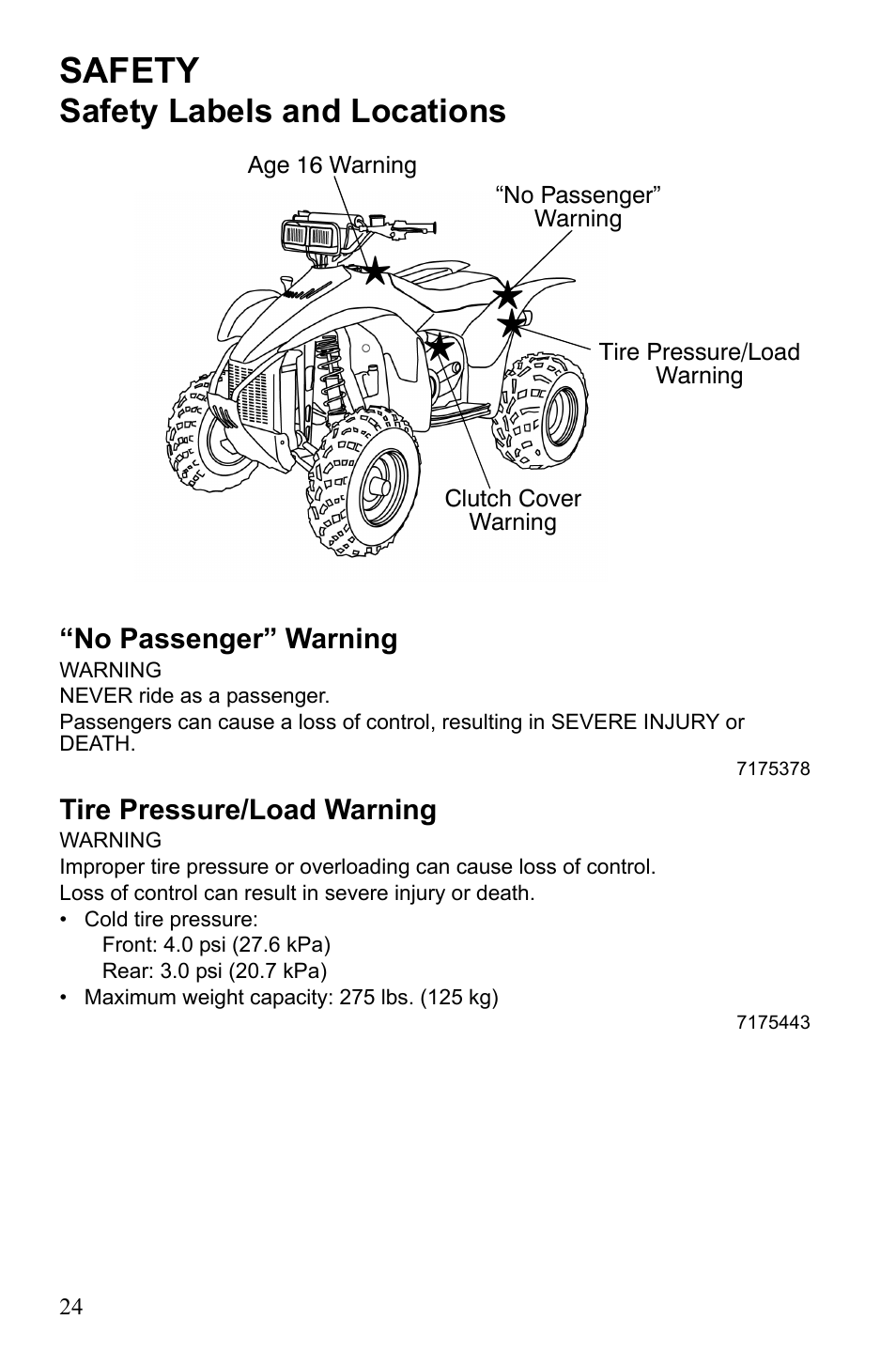 Safety, Safety labels and locations | Polaris Scrambler 9921777 User Manual | Page 27 / 131