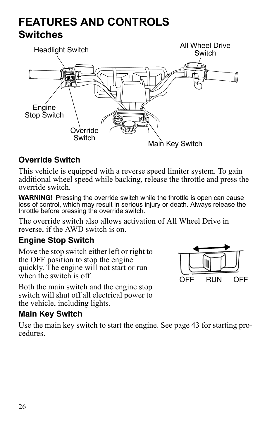 Features and controls, Switches | Polaris Scrambler 9921777 User Manual | Page 29 / 131