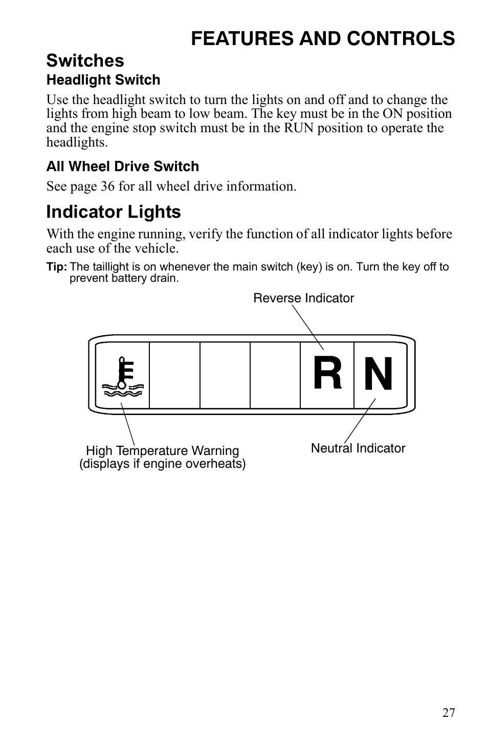 Features and controls, Switches, Indicator lights | Polaris Scrambler 9921777 User Manual | Page 30 / 131