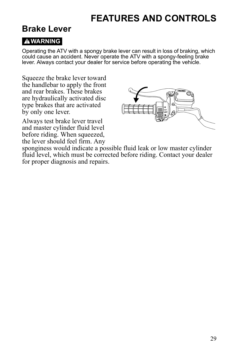 Features and controls, Brake lever | Polaris Scrambler 9921777 User Manual | Page 32 / 131