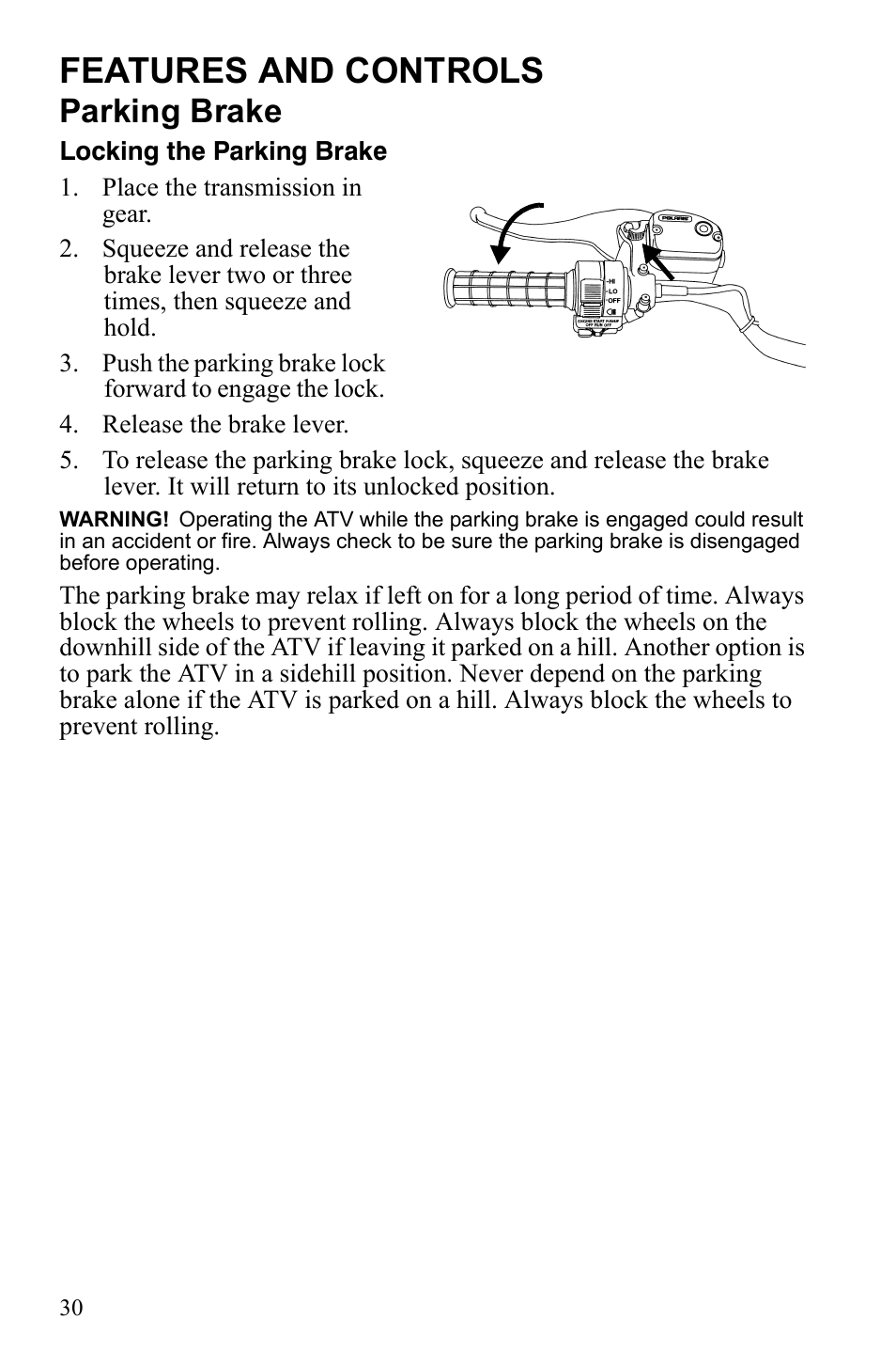 Features and controls, Parking brake | Polaris Scrambler 9921777 User Manual | Page 33 / 131