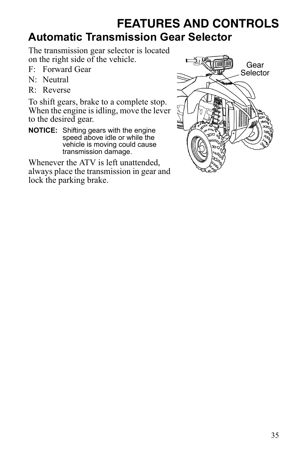 Features and controls, Automatic transmission gear selector | Polaris Scrambler 9921777 User Manual | Page 38 / 131