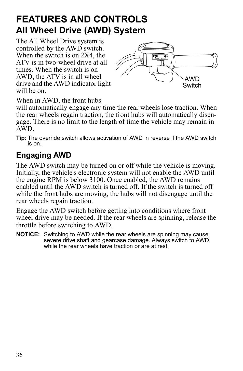 Features and controls, All wheel drive (awd) system | Polaris Scrambler 9921777 User Manual | Page 39 / 131
