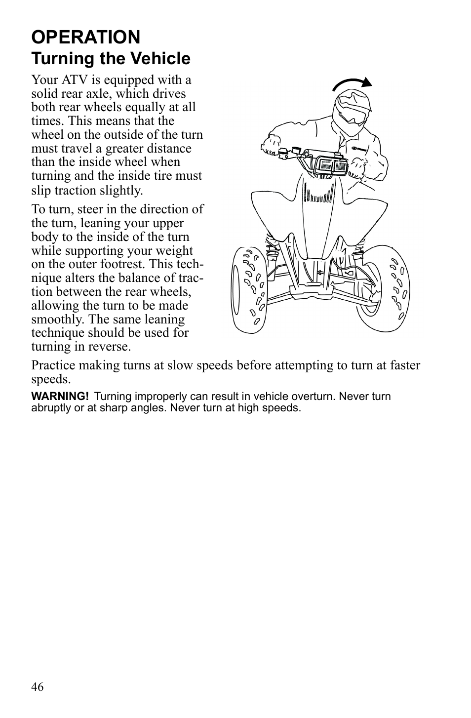 Operation, Turning the vehicle | Polaris Scrambler 9921777 User Manual | Page 49 / 131