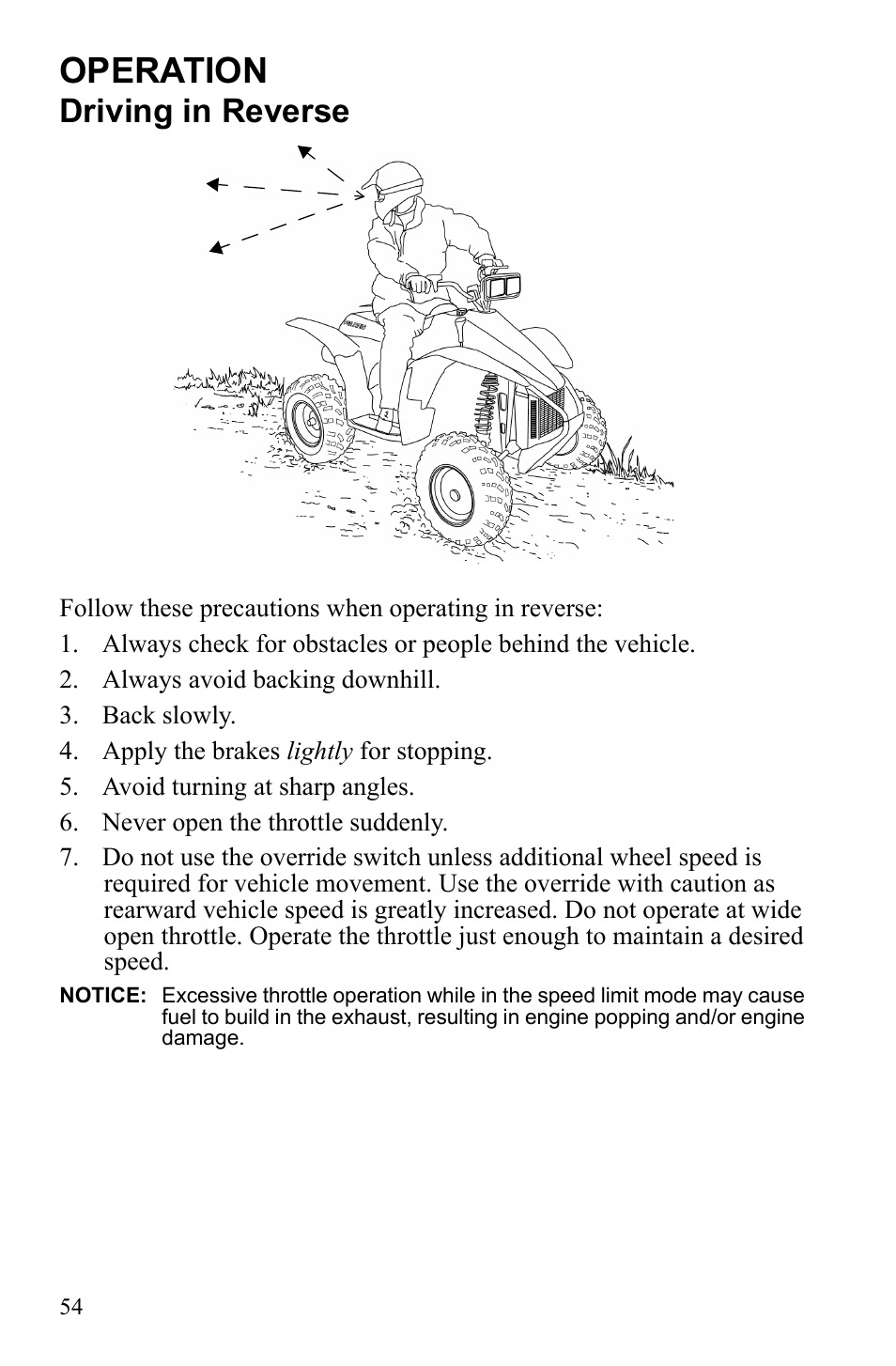 Operation, Driving in reverse | Polaris Scrambler 9921777 User Manual | Page 57 / 131