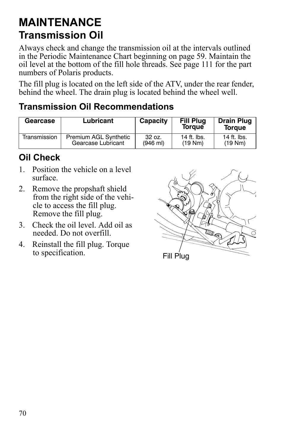 Maintenance, Transmission oil, Transmission oil recommendations oil check | Polaris Scrambler 9921777 User Manual | Page 73 / 131