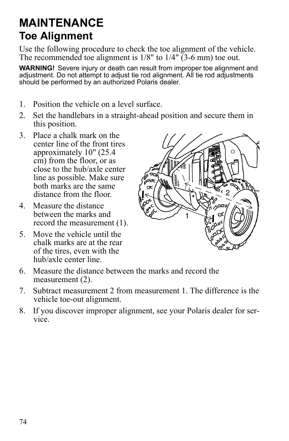 Maintenance, Toe alignment | Polaris Scrambler 9921777 User Manual | Page 77 / 131