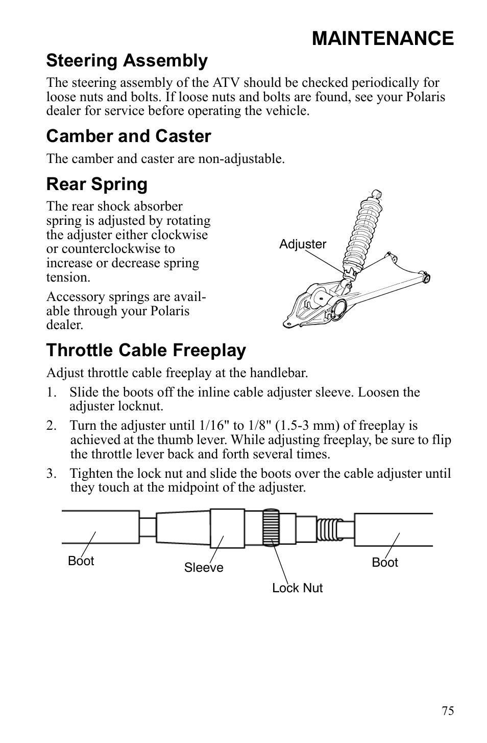Maintenance, Steering assembly, Camber and caster | Rear spring, Throttle cable freeplay | Polaris Scrambler 9921777 User Manual | Page 78 / 131