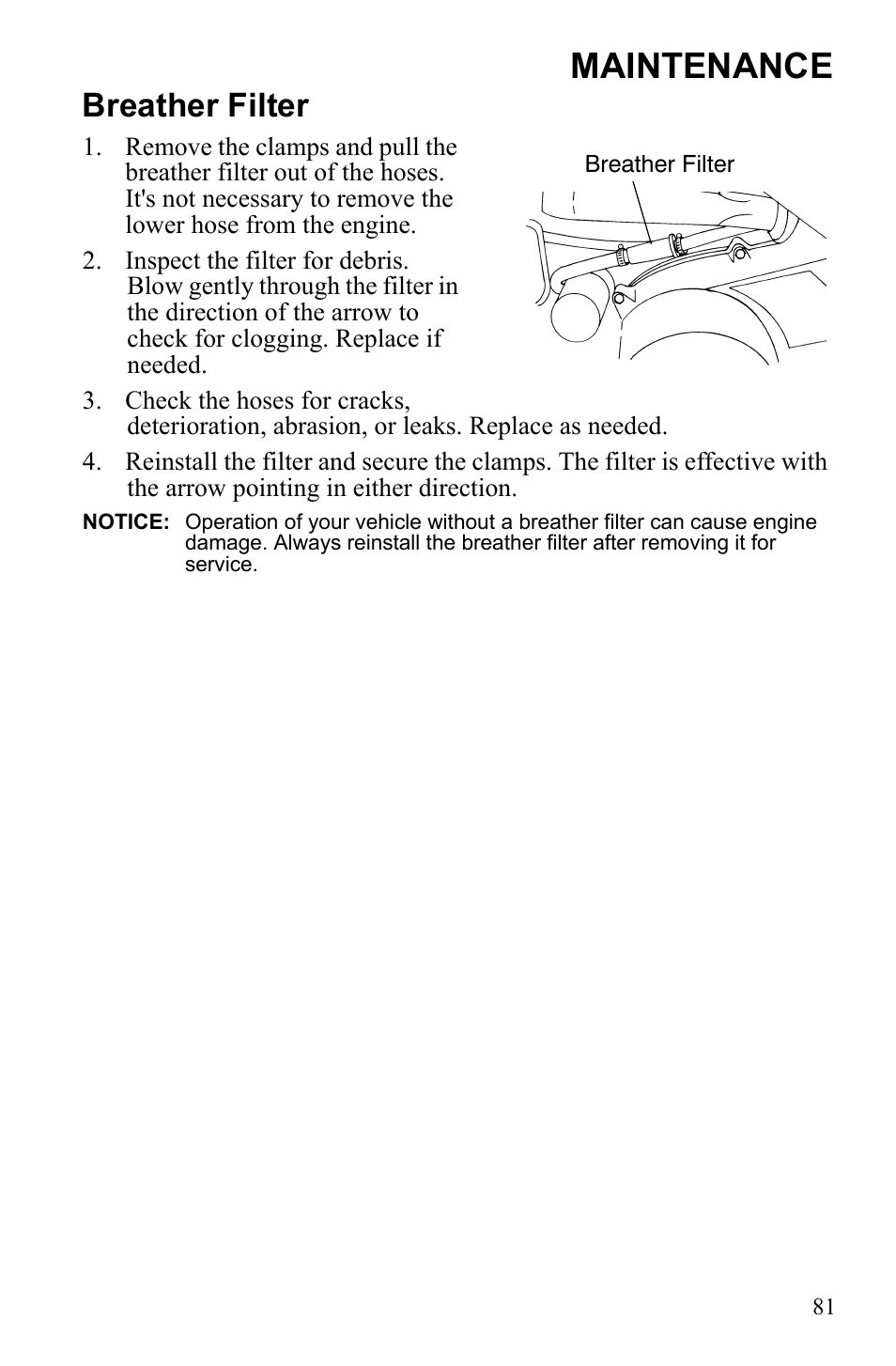 Maintenance, Breather filter | Polaris Scrambler 9921777 User Manual | Page 84 / 131