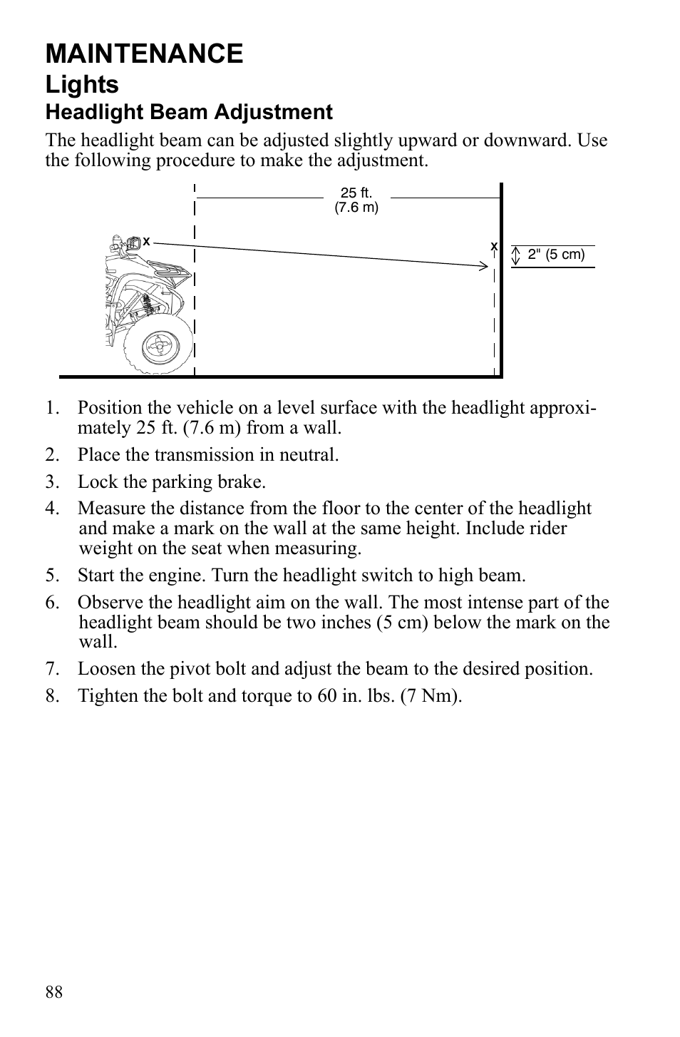 Maintenance, Lights, Headlight beam adjustment | Polaris Scrambler 9921777 User Manual | Page 91 / 131