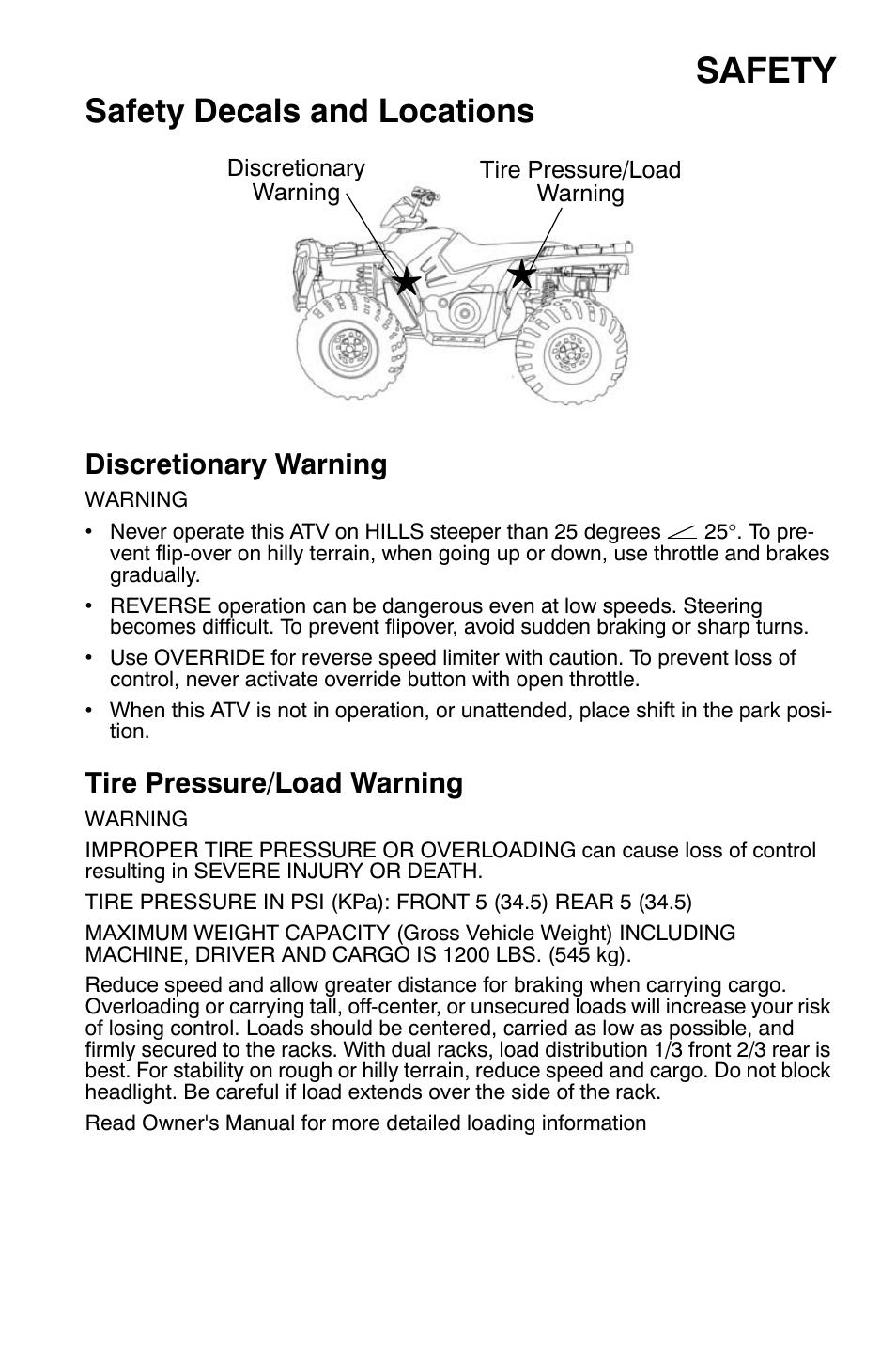 Safety, Safety decals and locations, Discretionary warning | Tire pressure/load warning | Polaris Sportsman 9920374 User Manual | Page 10 / 143
