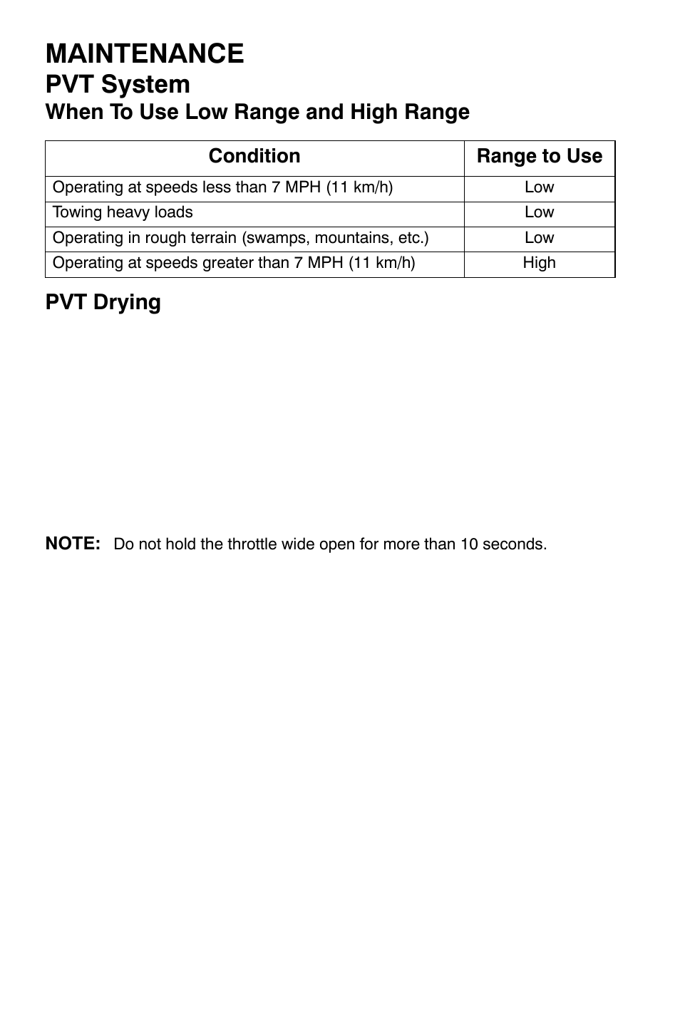 Maintenance, Pvt system, When to use low range and high range pvt drying | Polaris Sportsman 9920374 User Manual | Page 107 / 143