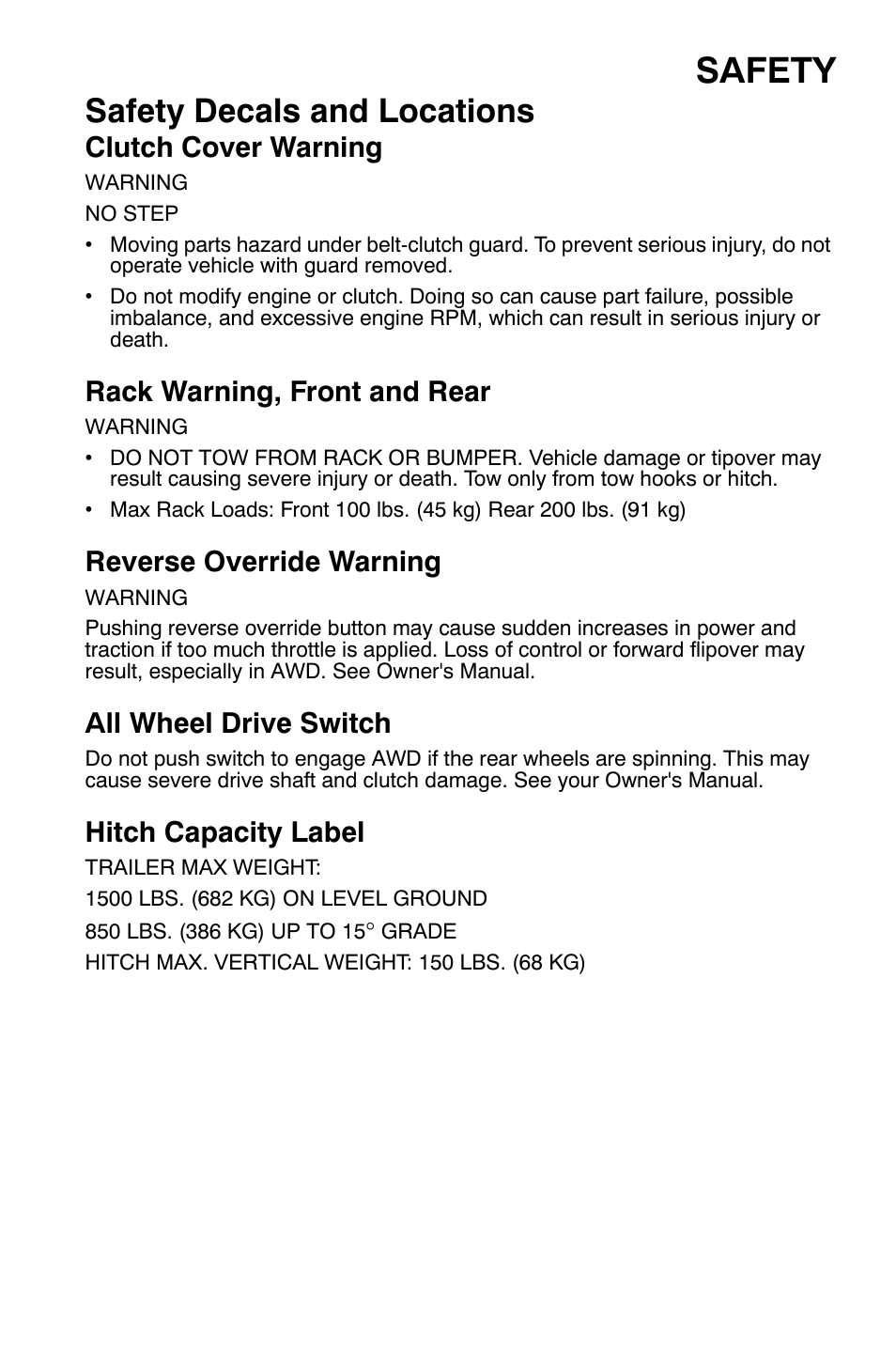 Safety, Safety decals and locations, Clutch cover warning | Rack warning, front and rear, Reverse override warning, All wheel drive switch, Hitch capacity label | Polaris Sportsman 9920374 User Manual | Page 12 / 143