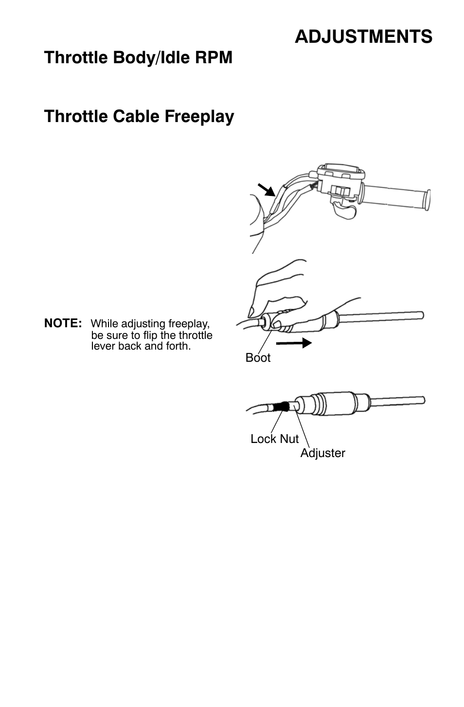 Adjustments, Throttle body/idle rpm, Throttle cable freeplay | Polaris Sportsman 9920374 User Manual | Page 122 / 143