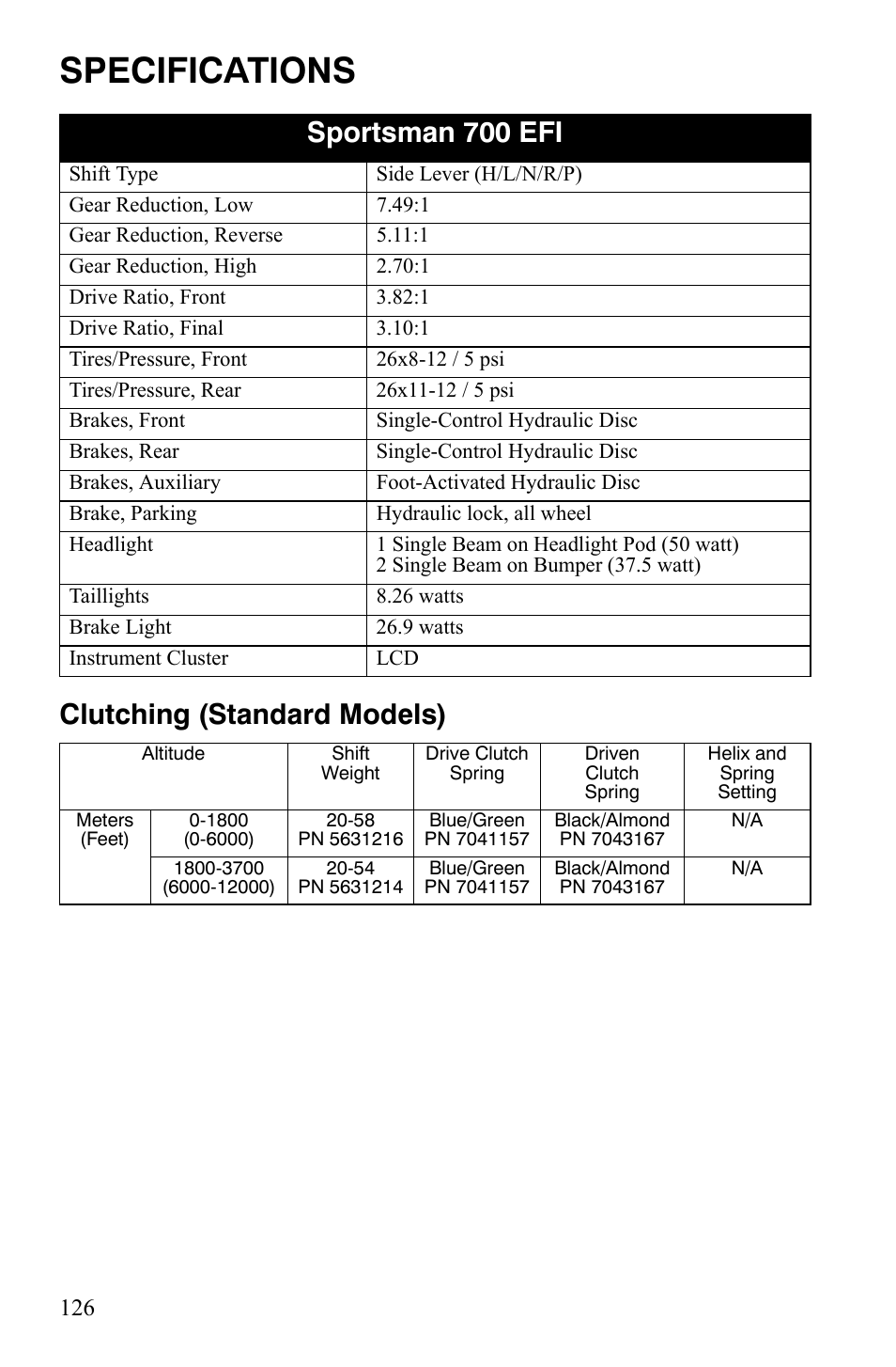 Specifications, Clutching (standard models) sportsman 700 efi | Polaris Sportsman 9920374 User Manual | Page 129 / 143