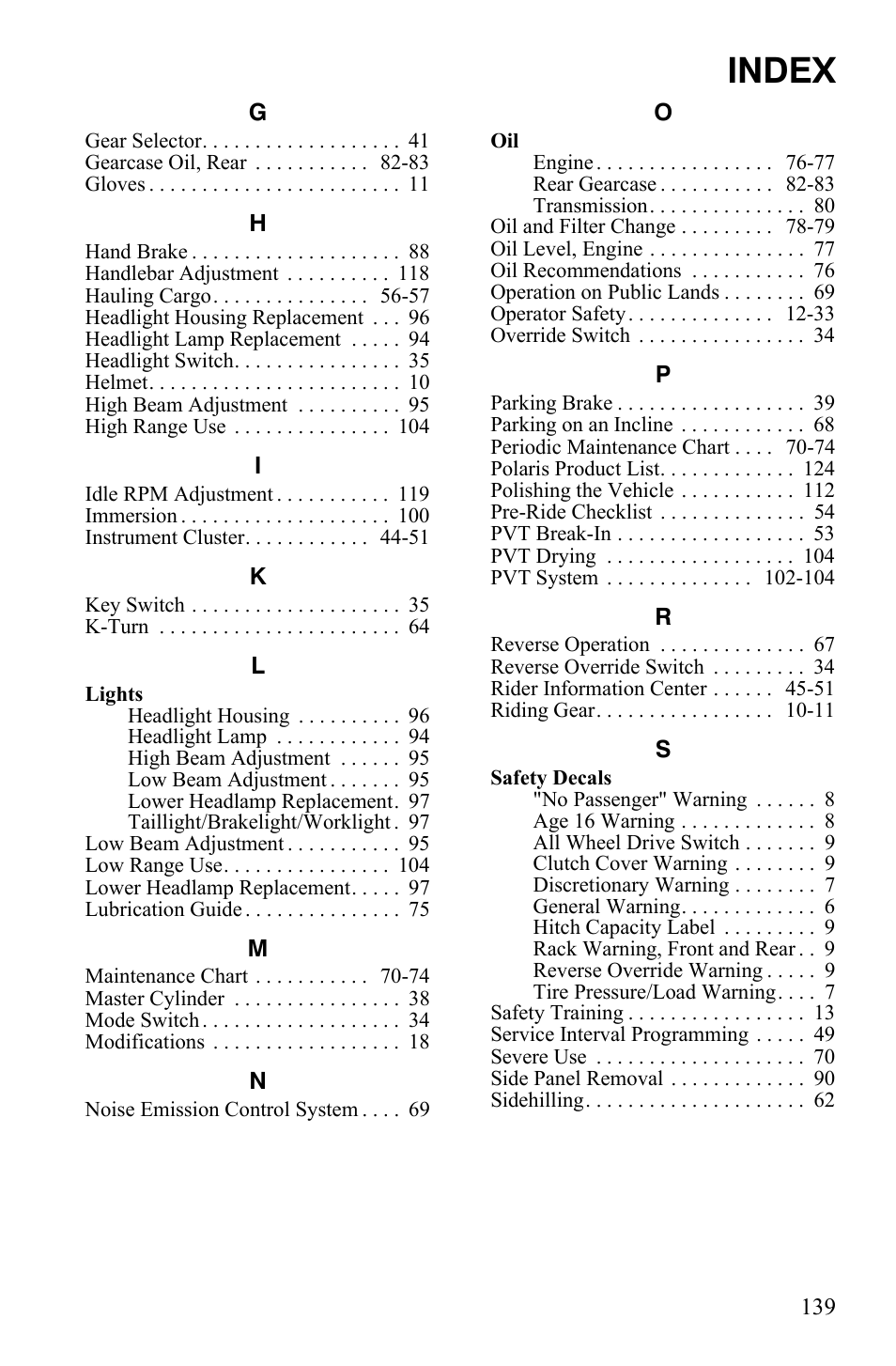 Index | Polaris Sportsman 9920374 User Manual | Page 141 / 143