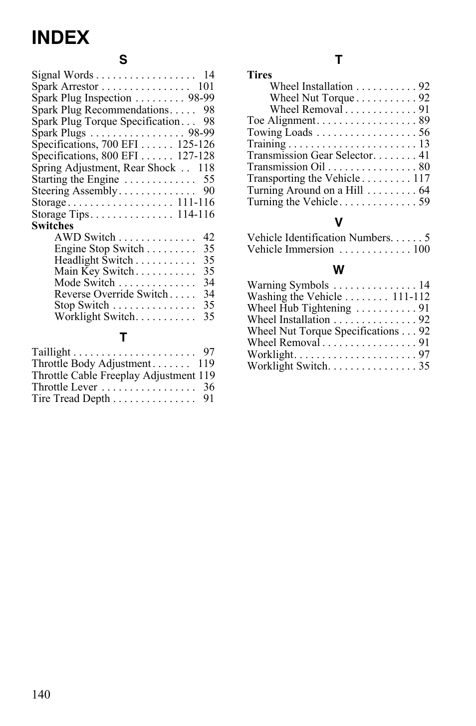 Index | Polaris Sportsman 9920374 User Manual | Page 143 / 143