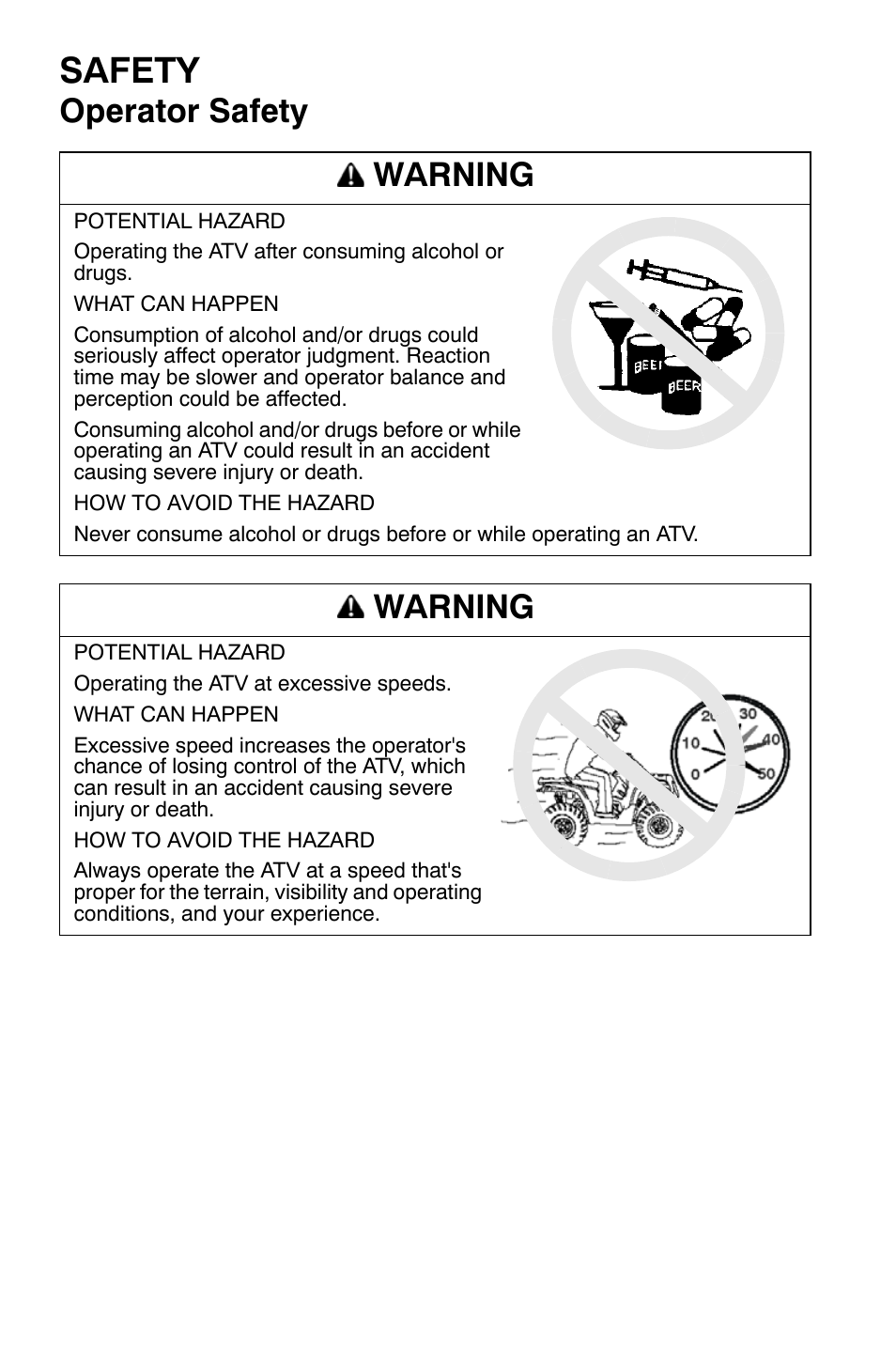 Safety, Operator safety warning, Warning | Polaris Sportsman 9920374 User Manual | Page 25 / 143