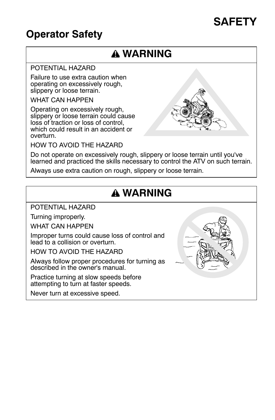 Safety, Operator safety warning, Warning | Polaris Sportsman 9920374 User Manual | Page 28 / 143