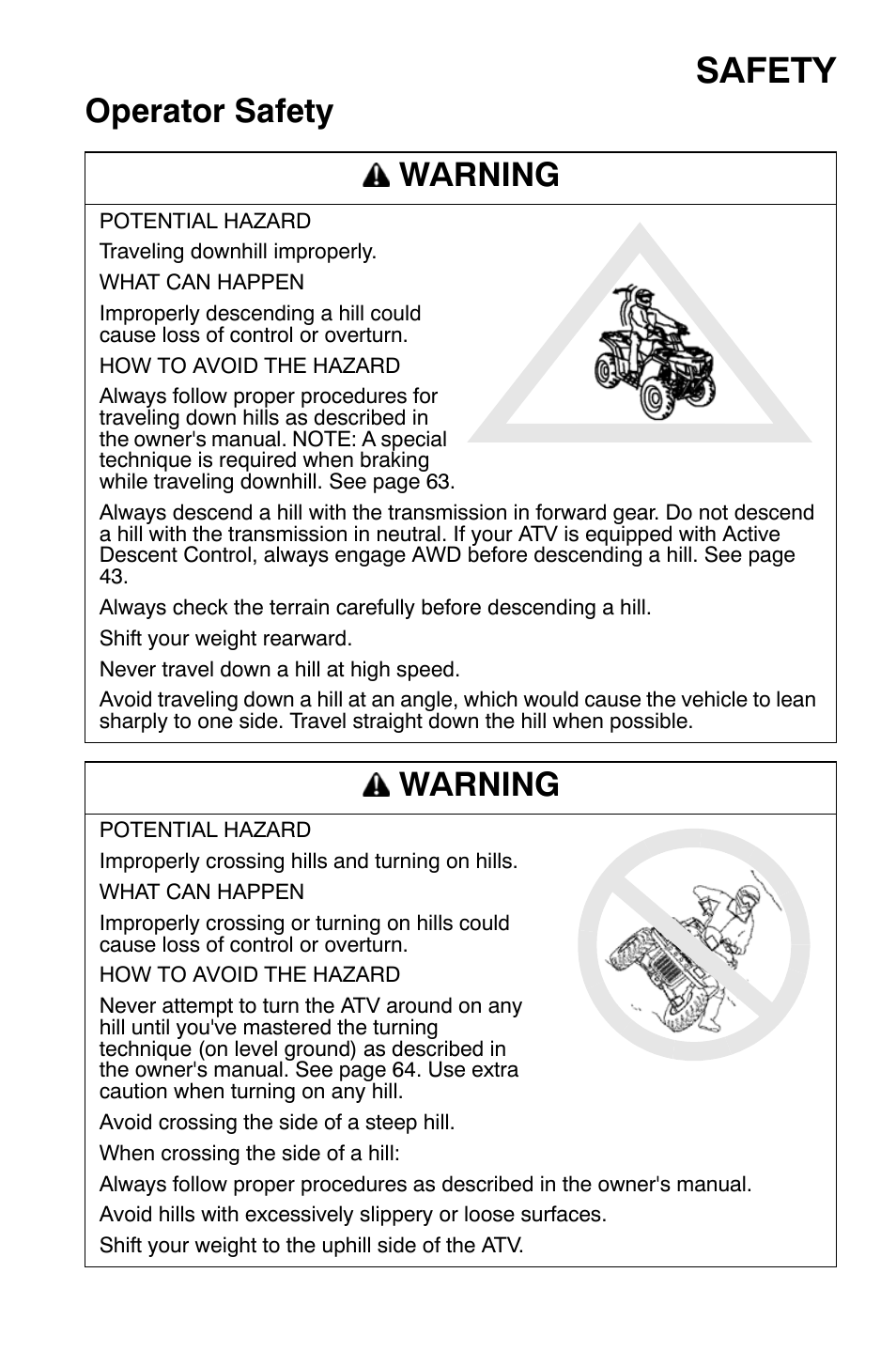 Safety, Operator safety warning, Warning | Polaris Sportsman 9920374 User Manual | Page 30 / 143