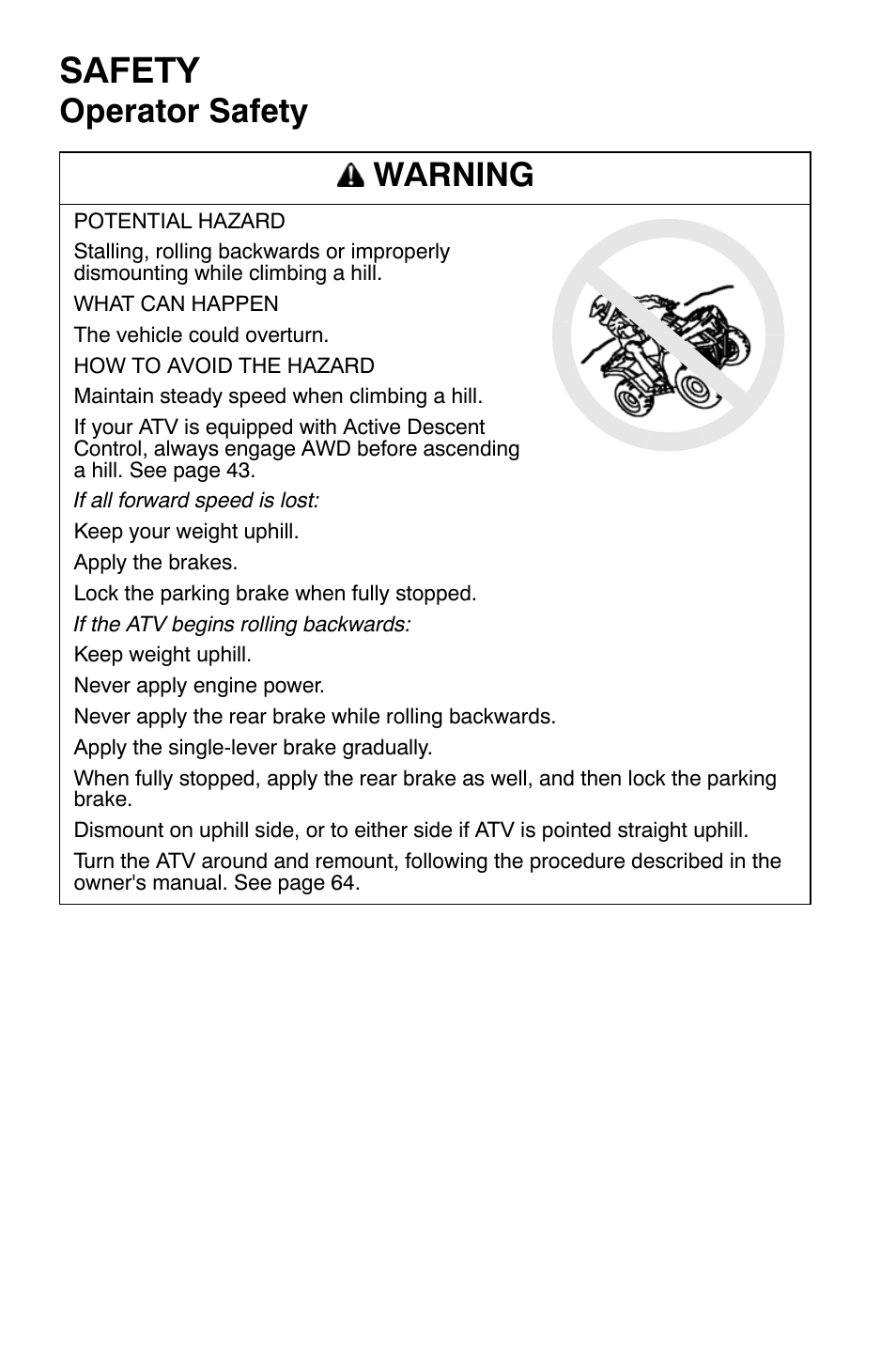 Safety, Operator safety warning | Polaris Sportsman 9920374 User Manual | Page 31 / 143