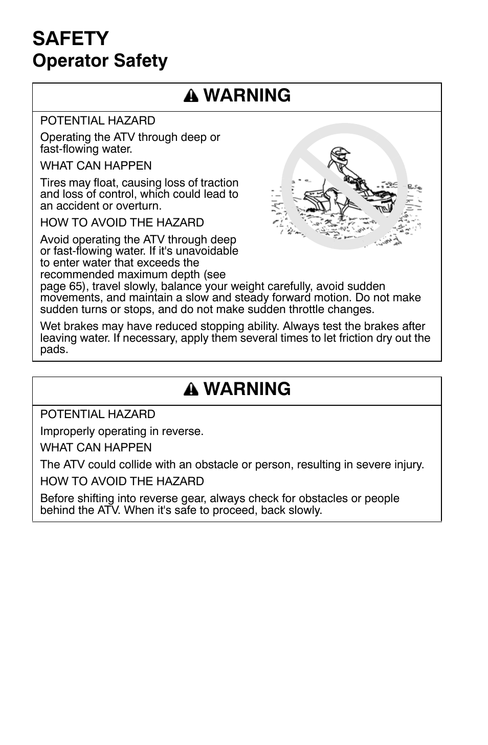 Safety, Operator safety warning, Warning | Polaris Sportsman 9920374 User Manual | Page 33 / 143