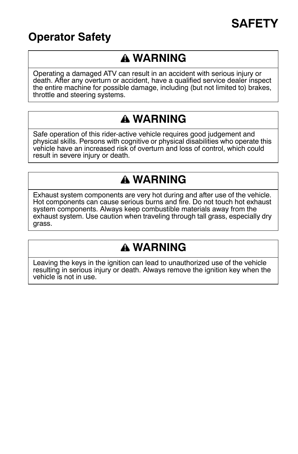 Safety, Operator safety warning, Warning | Polaris Sportsman 9920374 User Manual | Page 36 / 143