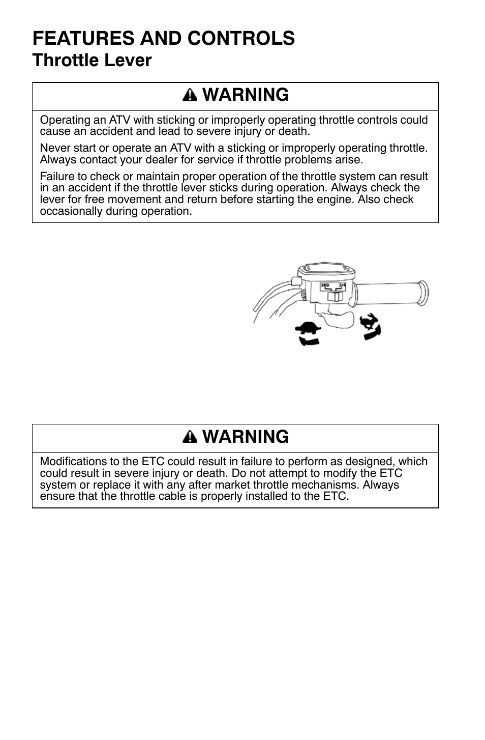 Features and controls, Throttle lever, Warning | Polaris Sportsman 9920374 User Manual | Page 39 / 143