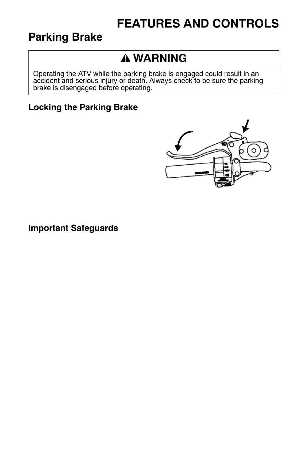 Features and controls, Parking brake, Warning | Polaris Sportsman 9920374 User Manual | Page 42 / 143