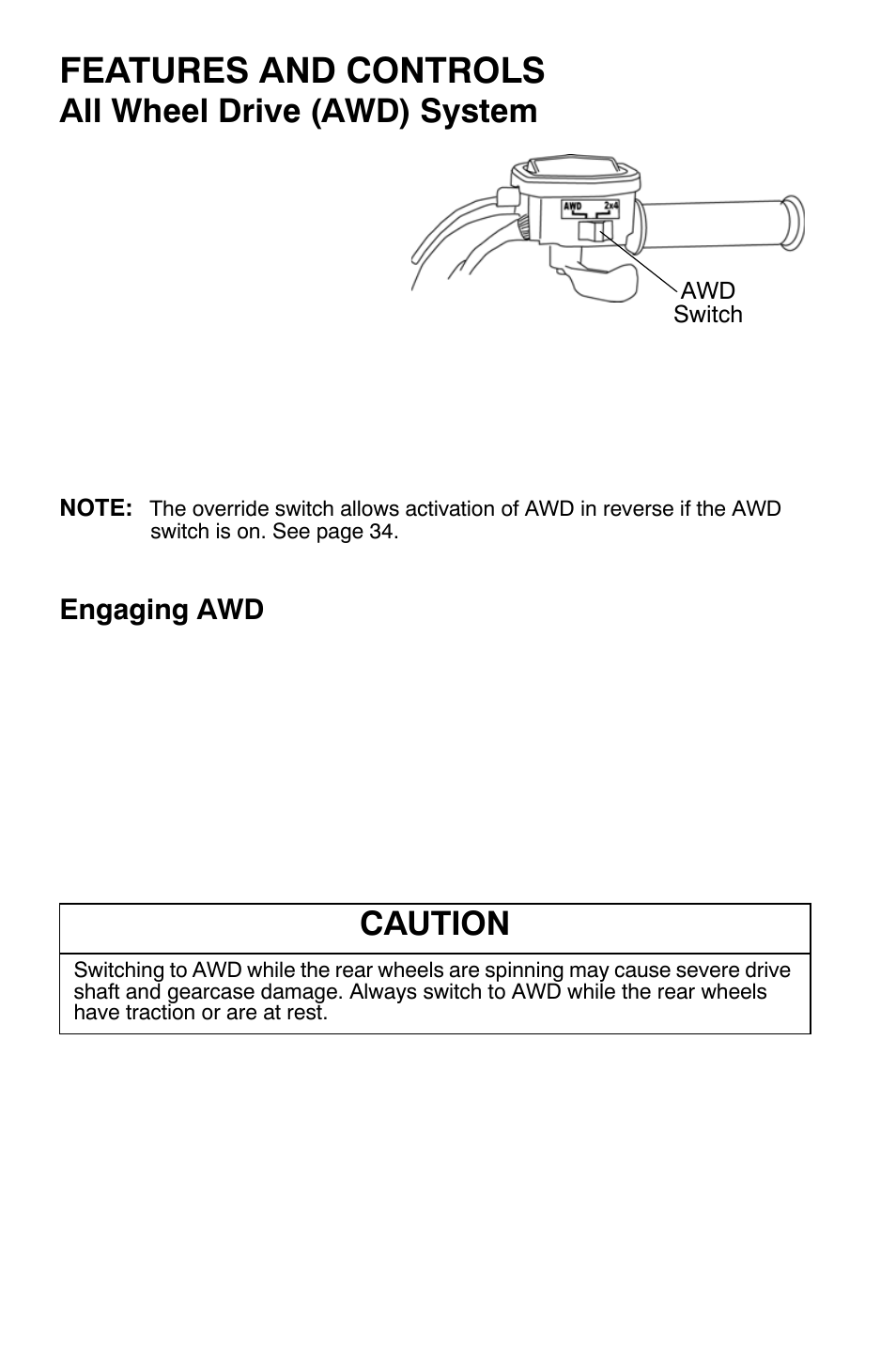 Features and controls, All wheel drive (awd) system, Caution | Polaris Sportsman 9920374 User Manual | Page 45 / 143