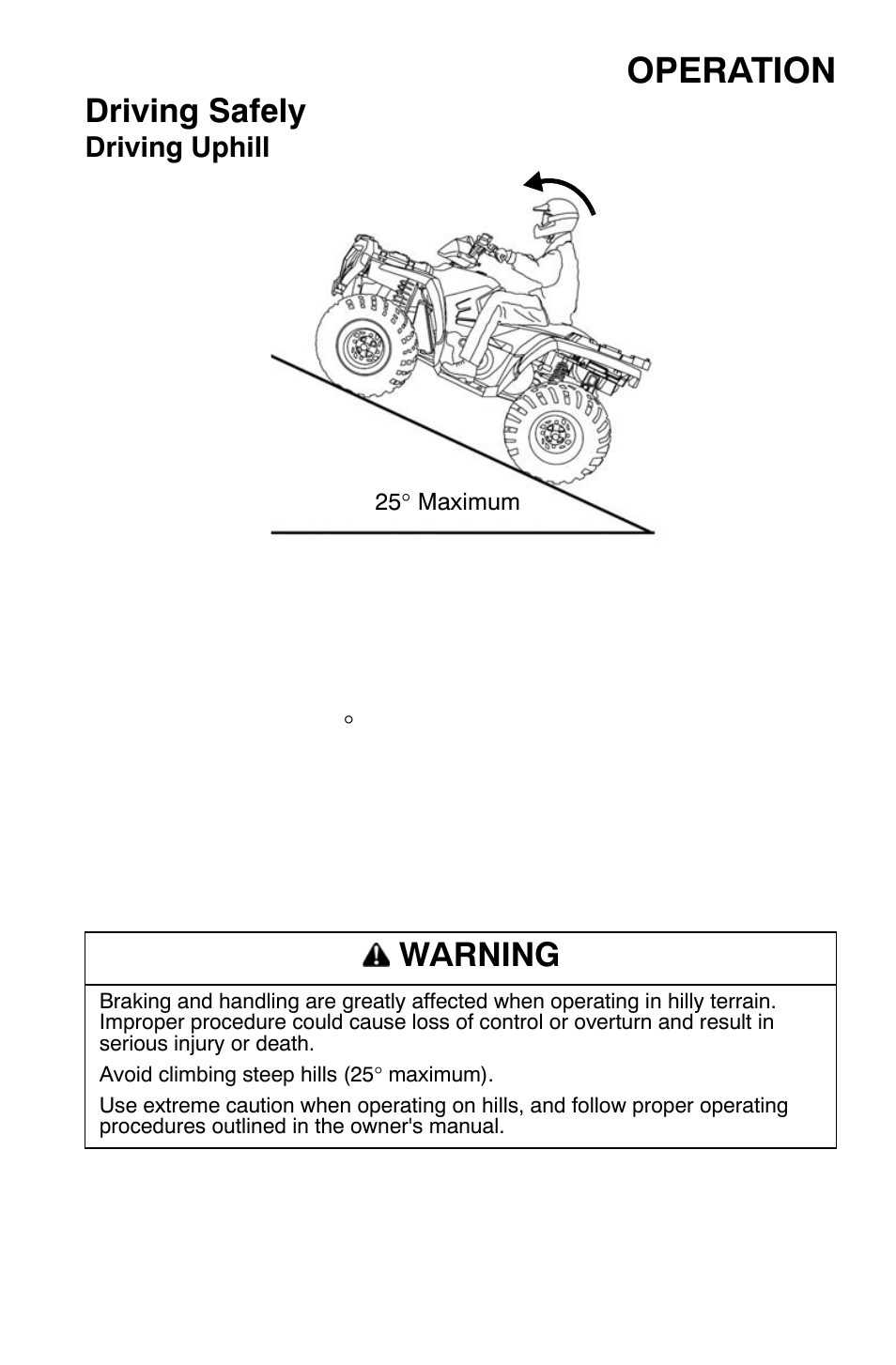 Operation, Driving safely, Warning | Polaris Sportsman 9920374 User Manual | Page 64 / 143