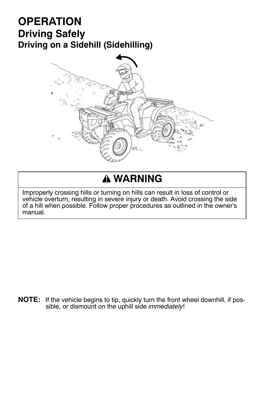 Operation, Driving safely, Warning | Polaris Sportsman 9920374 User Manual | Page 65 / 143