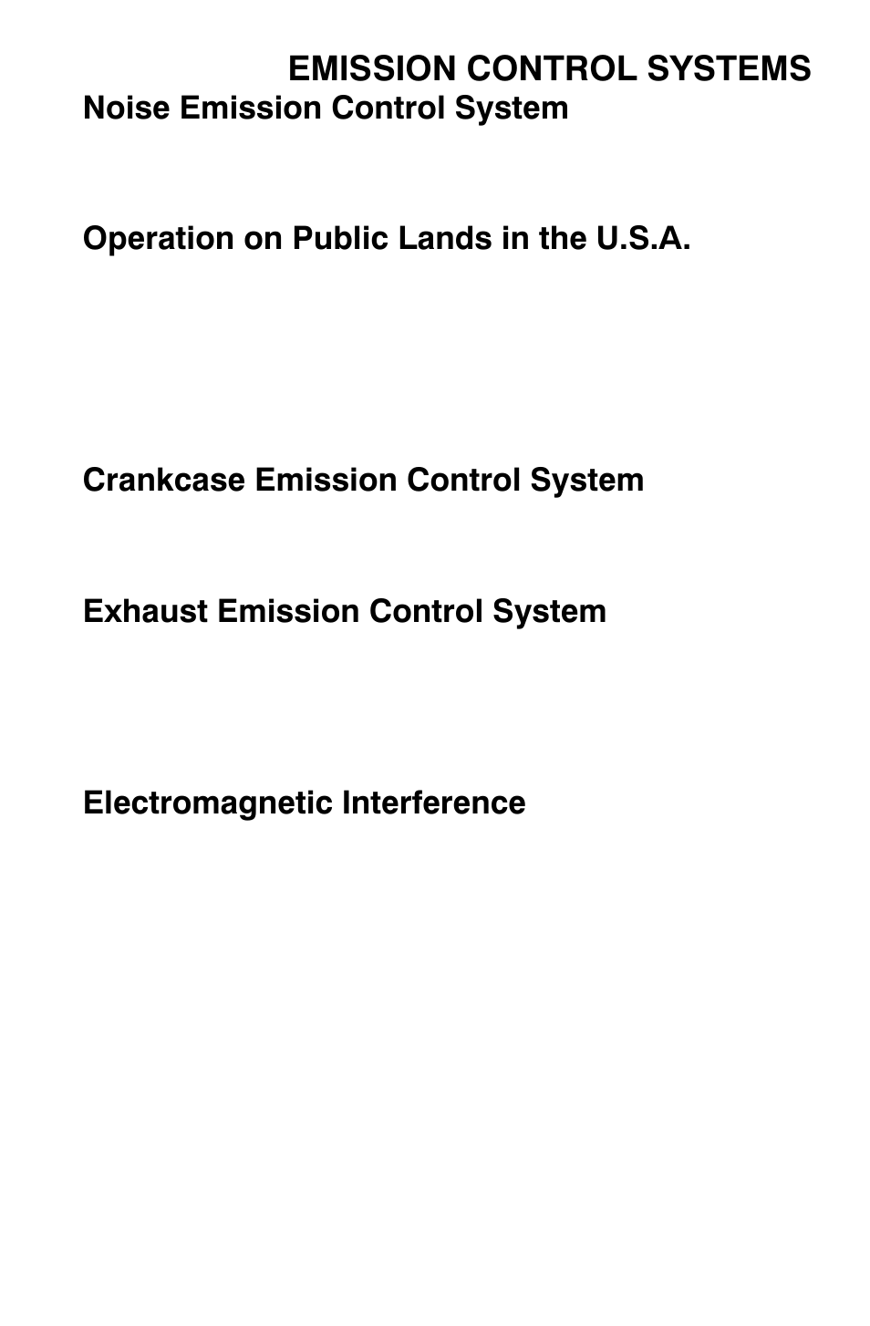 Emission control systems, Noise emission control system, Operation on public lands in the u.s.a | Crankcase emission control system, Exhaust emission control system, Electromagnetic interference | Polaris Sportsman 9920374 User Manual | Page 72 / 143