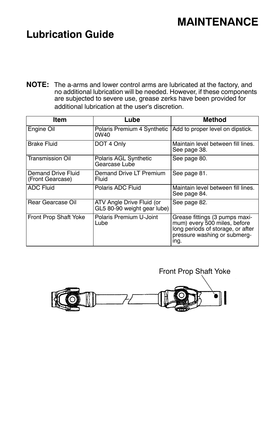 Maintenance, Lubrication guide, Front prop shaft yoke | Polaris Sportsman 9920374 User Manual | Page 78 / 143