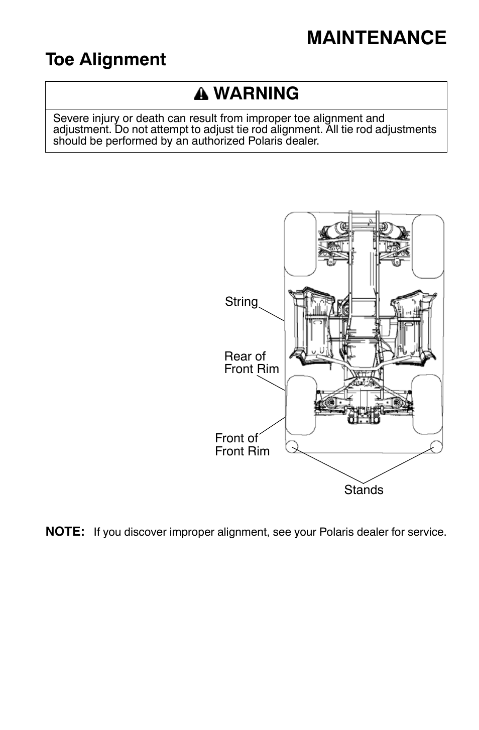 Maintenance, Toe alignment, Warning | Polaris Sportsman 9920374 User Manual | Page 92 / 143