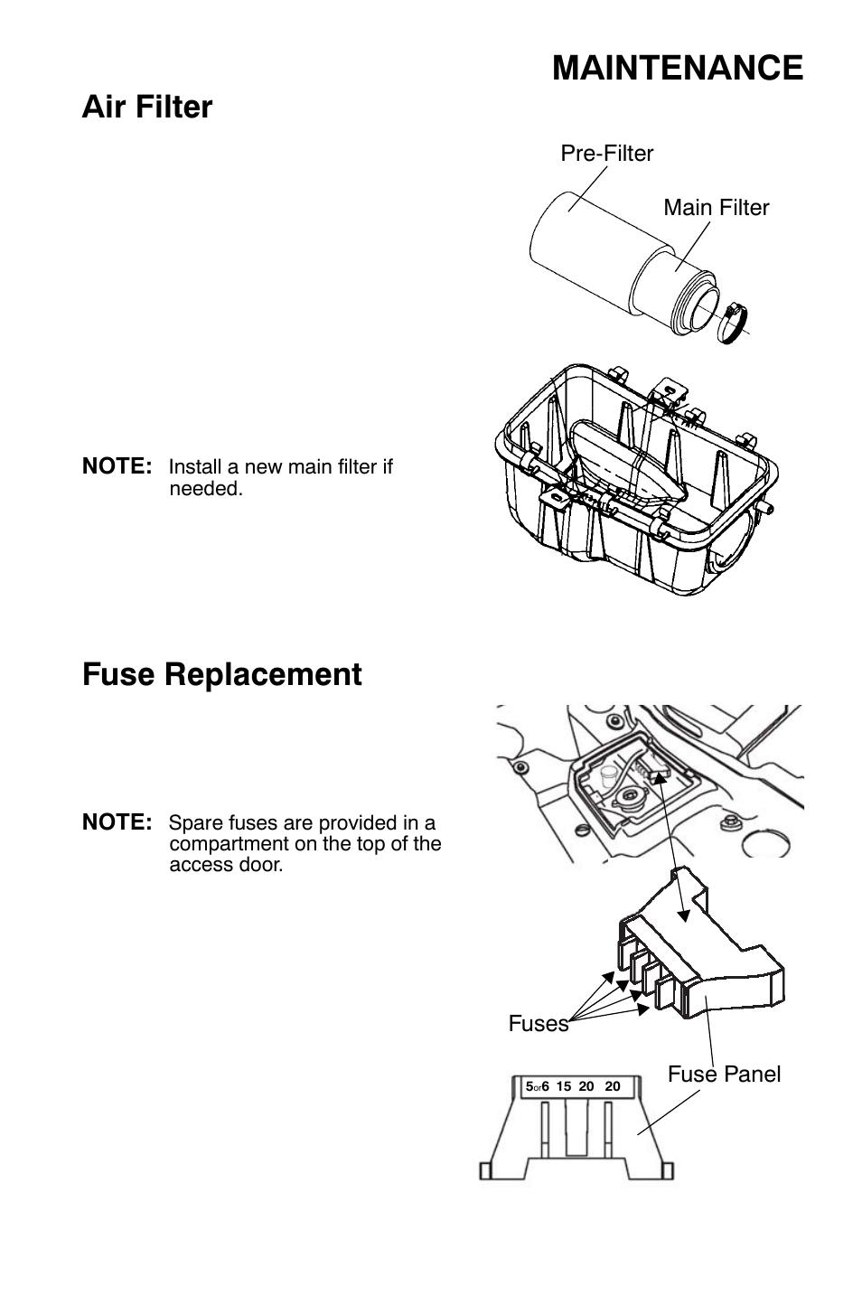 Maintenance, Air filter, Fuse replacement | Polaris Sportsman 9920374 User Manual | Page 96 / 143