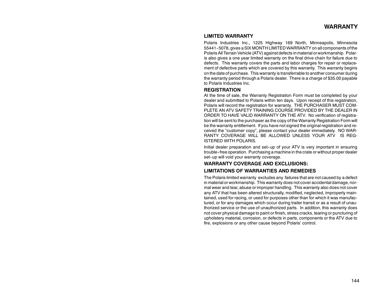 Warranty | Polaris Offroad Vehicle User Manual | Page 154 / 157