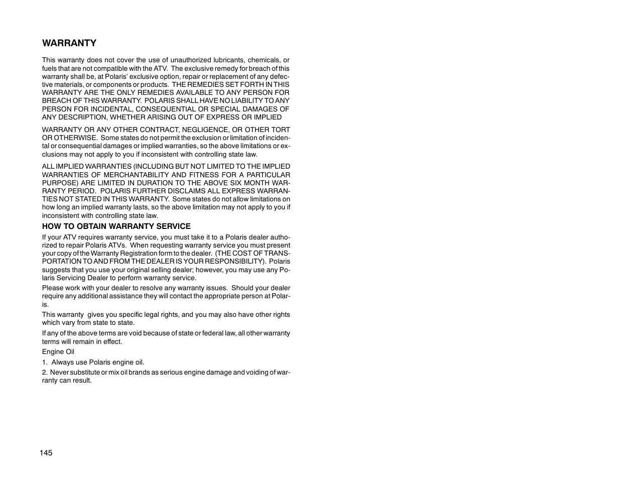 Warranty | Polaris Offroad Vehicle User Manual | Page 155 / 157