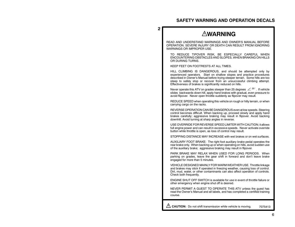 Warning, Safety warning and operation decals 2 | Polaris Offroad Vehicle User Manual | Page 16 / 157