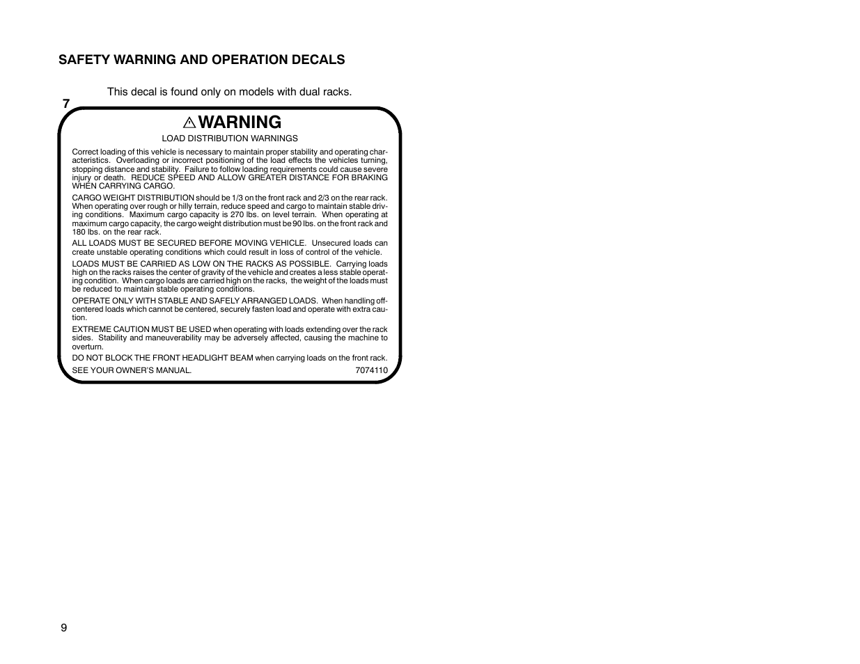 Warning, Safety warning and operation decals | Polaris Offroad Vehicle User Manual | Page 19 / 157