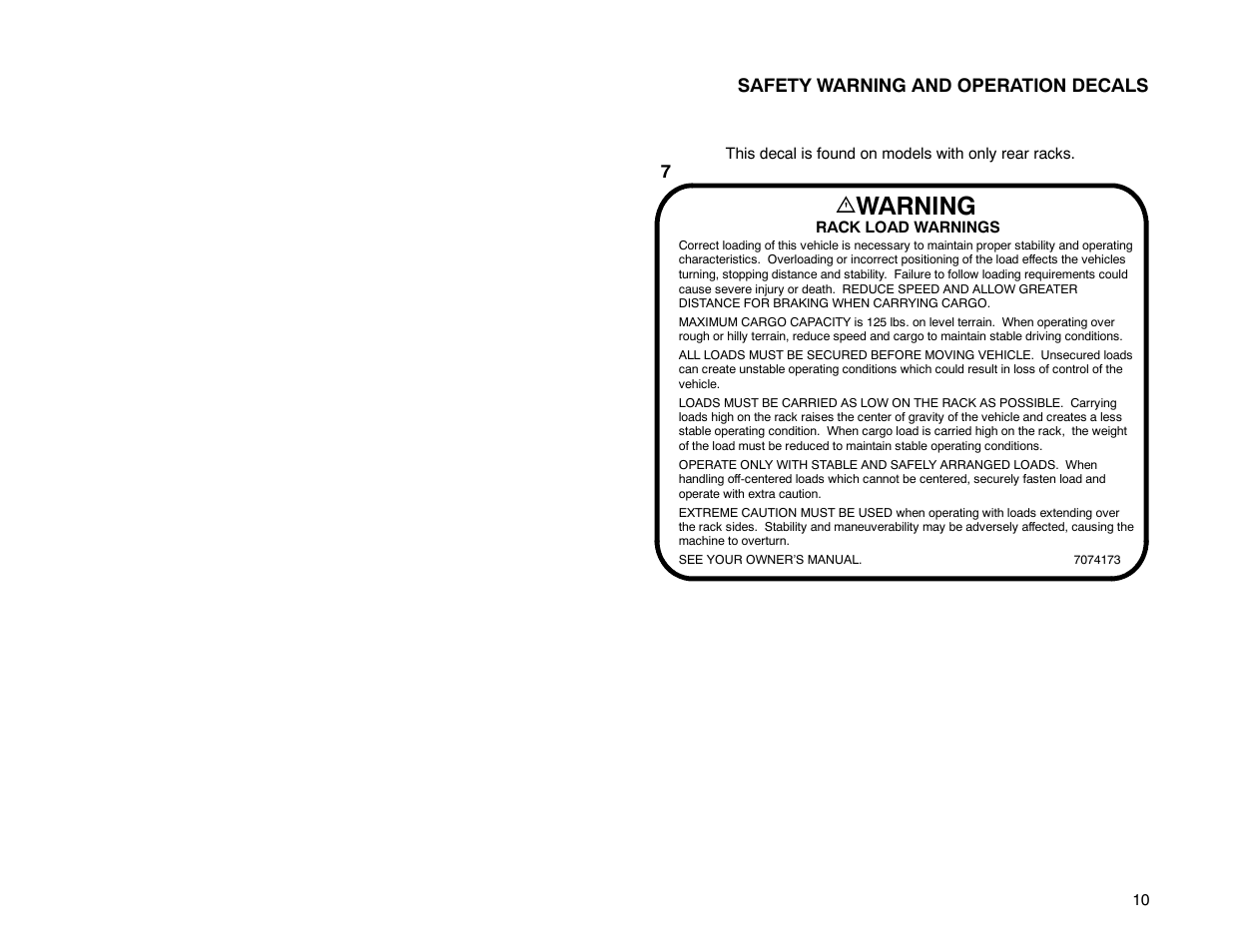 Warning, Safety warning and operation decals | Polaris Offroad Vehicle User Manual | Page 20 / 157