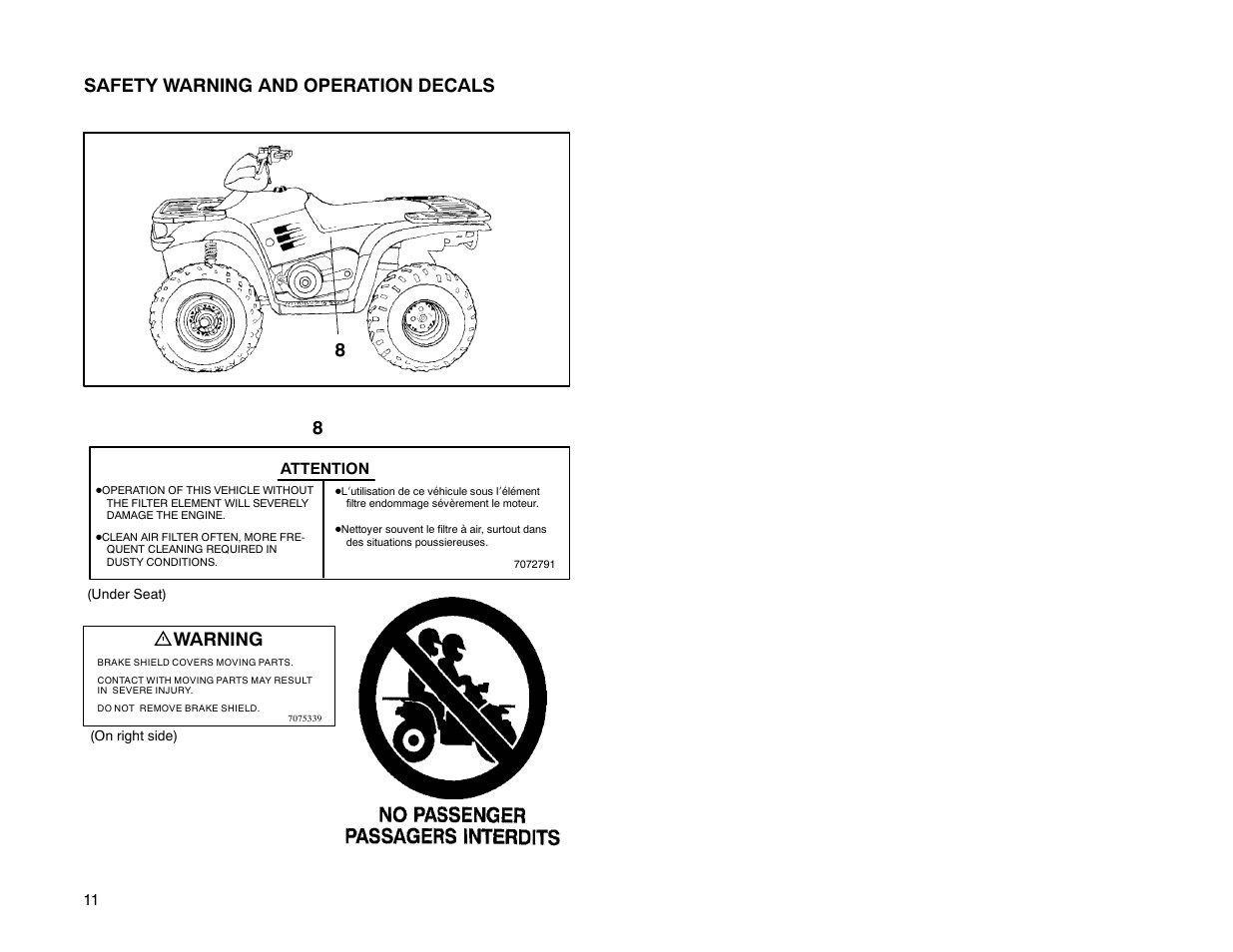 Safety warning and operation decals 8, Warning | Polaris Offroad Vehicle User Manual | Page 21 / 157