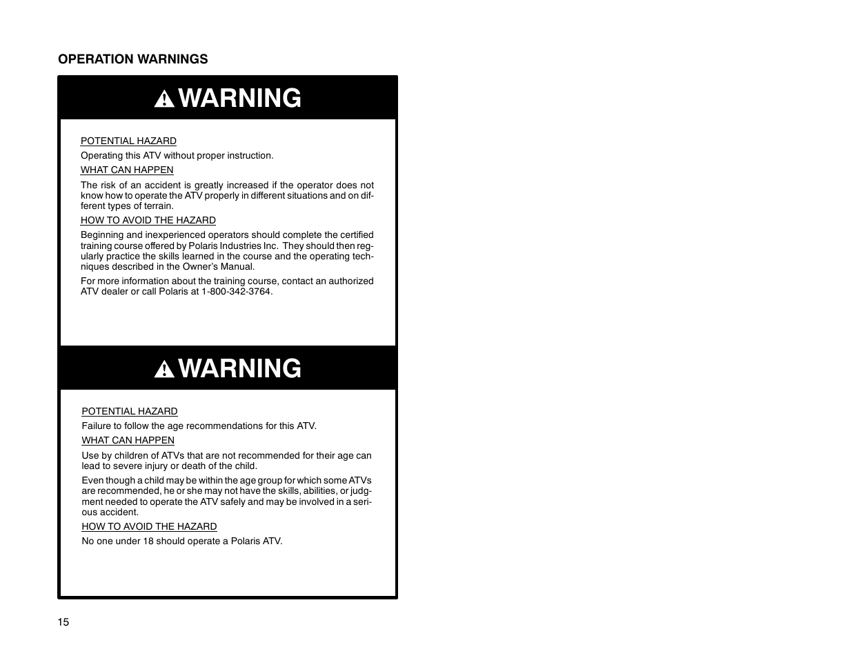 Warning | Polaris Offroad Vehicle User Manual | Page 25 / 157